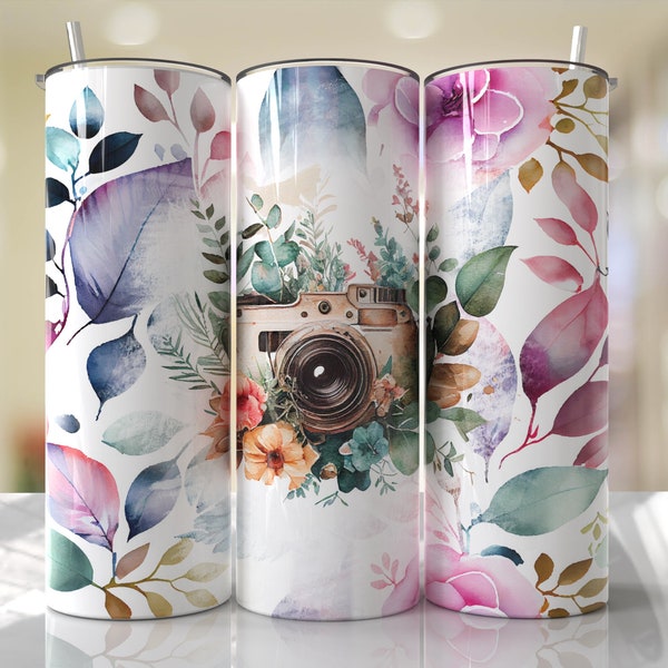 Vintage Camera Floral Photographer Tumbler Wrap PNG Flowers Tumbler Wrap Seamless Sublimation Designs Downloads - Skinny 20oz Design - 2023