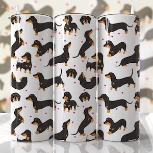 Designs de sublimação de corações de cachorro Dachshund sem emendas para download - Design de copo fino de 20 onças - Uso comercial PNG