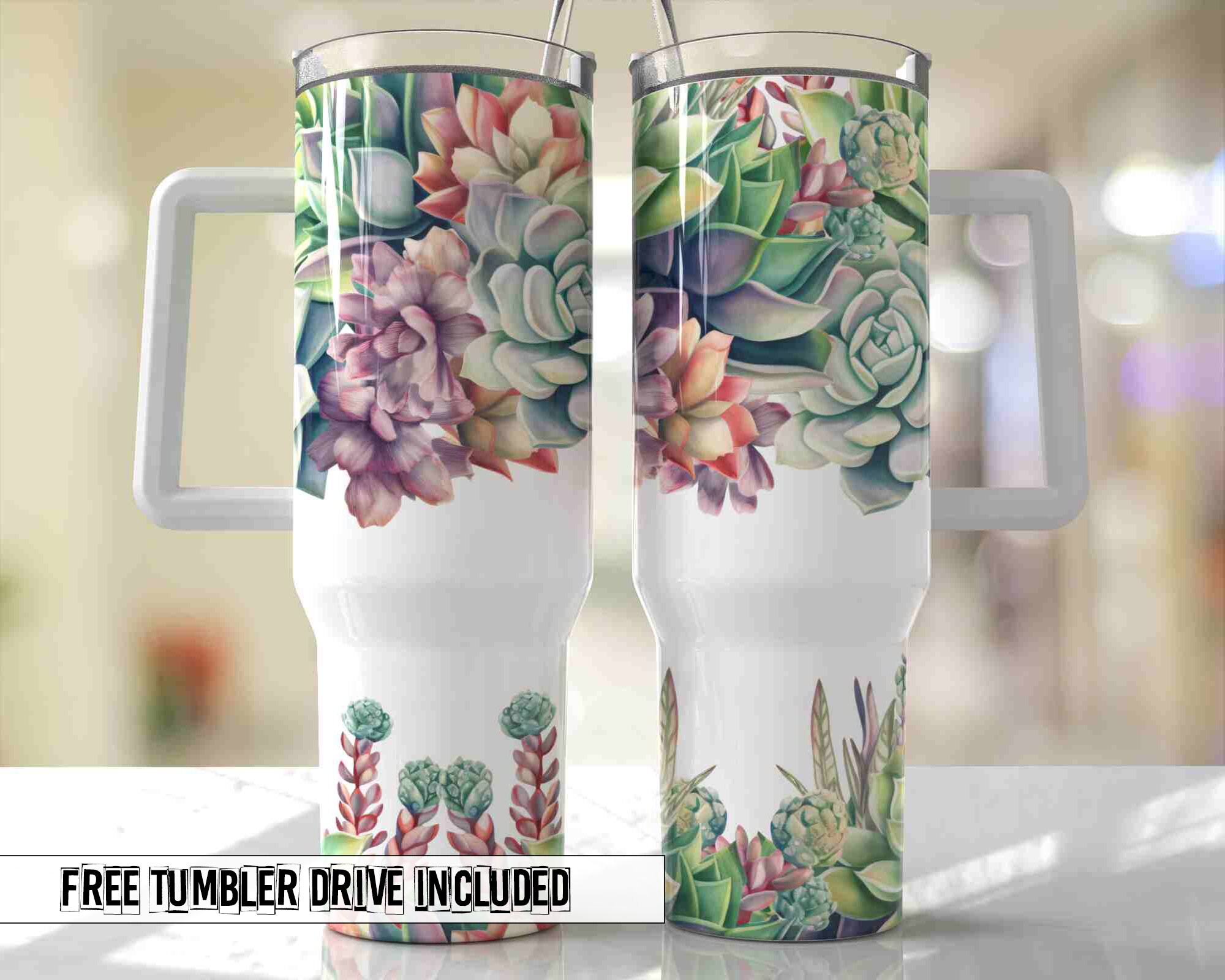 Succulent Tumbler, 40 Oz Tumbler Wrap, Sublimation Design, Png For Tumblers,  40oz Quencher, Tumbler Wrap Png, Succulent And Floral