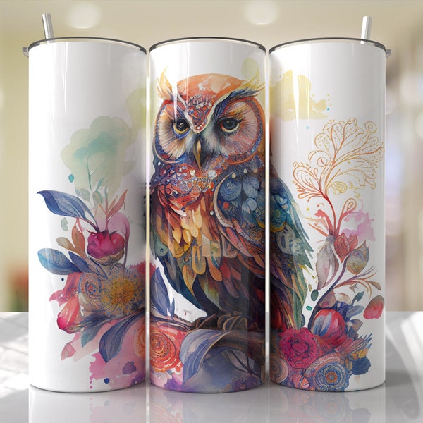 Watercolor Owl Tumbler Wrap Seamless Sublimation Designs Downloads - Skinny 20oz - PNG