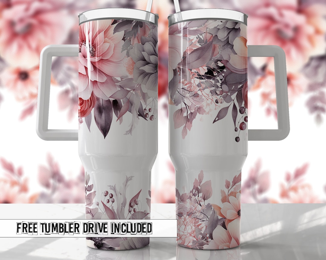 Dusty Pink and Gray Floral 40oz Quencher Tumbler Wrap - Seamless PNG ...