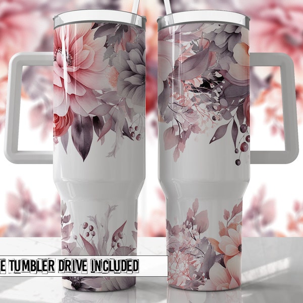 Dusty Pink and Gray Floral 40oz Quencher Tumbler Wrap -  Seamless PNG Tumbler Design Sublimation Designs Downloads - PNG