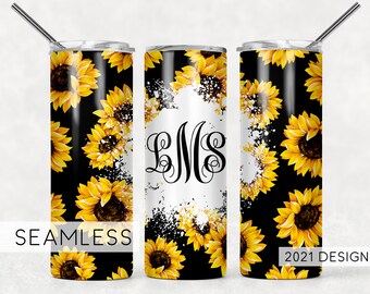 Monogram Black Sunflowers Seamless Sublimation Designs Downloads - Skinny Tumbler 20oz Design - PNG 2021