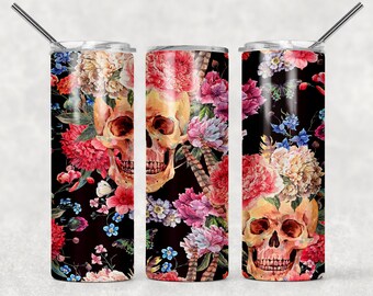 BEZSZWOWE Kwiatowe Czaszki Halloween Sublimacja Wzory Pobieranie - Skinny Tumbler 20oz Design - PNG Komercyjne Wykorzystanie 2020