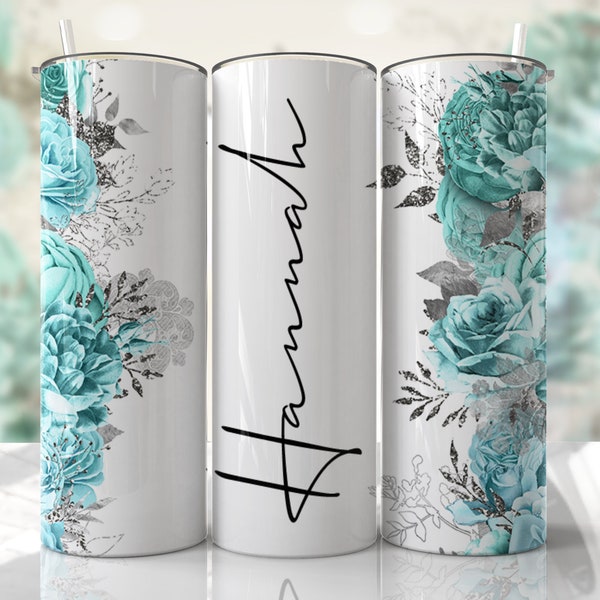 Teal Aqua Floral Tumbler Wrap PNG Fügen Sie einen Namen hinzu Tumbler Nahtlose Sublimationsdesigns Downloads - Skinny 20oz Design - 2022