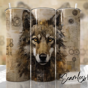May include: A seamless design for a tumbler featuring a wolf's face with yellow eyes against a background of vintage-style paper with a compass and other designs.