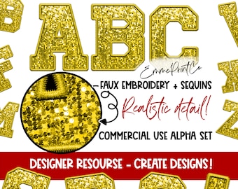 Yellow - Faux Embroidery Sequins Alpha Set - Alphabet Sublimation PNG DTF Gold Sports - EmmePrintCo