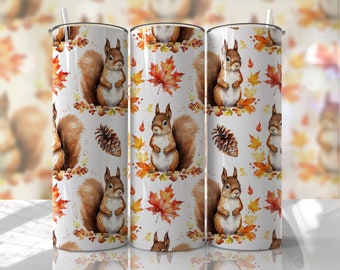 Sublimeringsdesigner med ekorrmugg - Sömlös smal tumbler med höstlöv, 20oz design - PNG - EmmePrintco