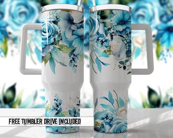 Bright Aqua Floral 40oz Quencher Tumbler Wrap -  Seamless PNG Tumbler Design Sublimation Designs Downloads - PNG