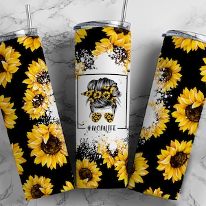 Mom Life Black Sunflowers Mom Bun Hair Funny Seamless Sublimation Designs Downloads - Skinny Tumbler 20oz Design - PNG 2021