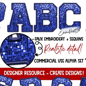 Royal Blue - Faux Embroidery Sequins Alpha Set - Alphabet Sublimation PNG DTF Sports Letters - EmmePrintCo