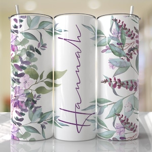 Floral Tumbler Wrap Adicione seu próprio nome Flores roxas Sublimação Designs sem costura - Skinny Tumbler 20oz Design - PNG 2023