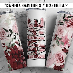 Ajouter votre propre nom Emballage de gobelet à fleurs rose alpha bordeaux rouge PNG Conception de gobelet à sublimation sans couture téléchargements - Maigre 20 oz - PNG
