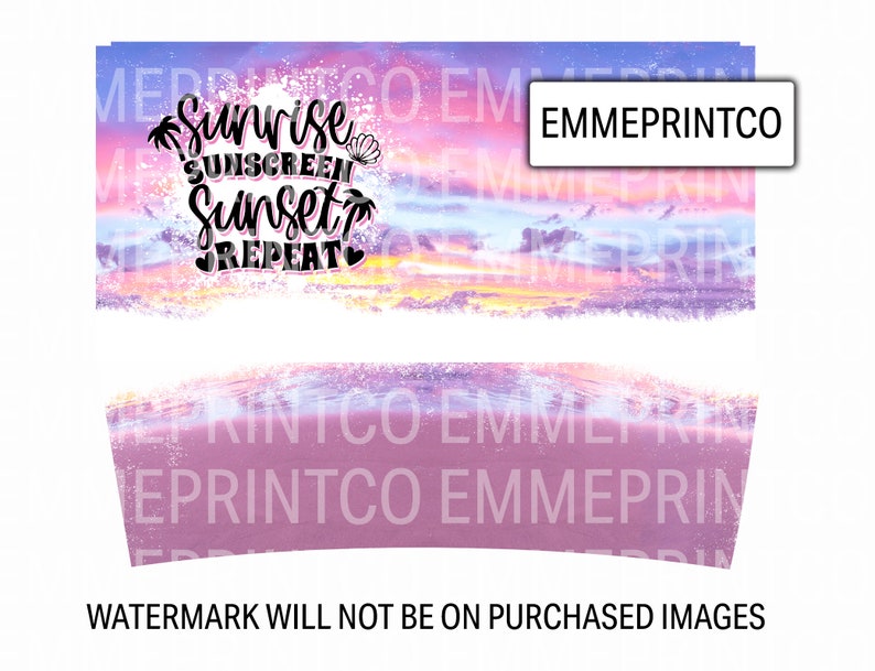 Puede incluir: Un dise&ntilde;o digital que presenta una puesta de sol con un cielo rosa, naranja y morado. El dise&ntilde;o incluye el texto "Sunrise Sunscreen Sunset Repeat" en negro con un coraz&oacute;n rosa a cada lado del texto.