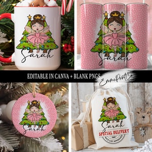 May include: A set of personalized Christmas-themed gifts featuring a girl dressed as a ballerina standing in front of a Christmas tree. The gifts include a mug, a tumbler, an ornament, and a gift bag. The name "Sarah" is personalized on each item.