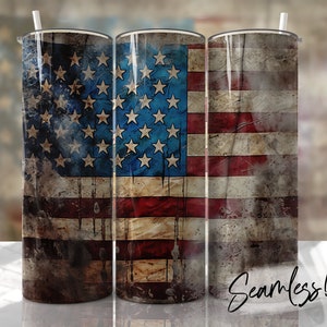 May include: Three stainless steel tumblers with a distressed American flag design. The flag is faded and has drips of paint running down it. The tumblers are seamless.
