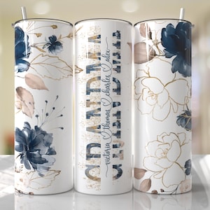 Oma Muttertag Tumbler Wrap PNG Fügen Sie Kindernamen hinzu Blauer Blumenbecher Nahtlose Sublimationsdesigns Downloads - Skinny 20oz Design - 2022