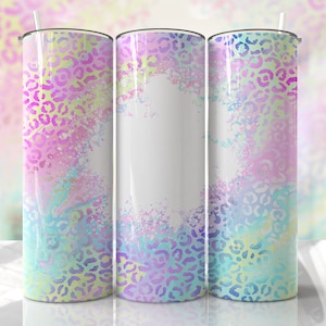 May include: Three stainless steel tumblers with a colourful abstract design featuring a leopard print pattern. The tumblers are white with a gradient of pink, purple, blue, and green.