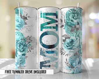 Teal Aqua Floral MOM Mother's Day Tumbler Wrap PNG Tumbler Seamless Sublimation Designs Downloads - Skinny 20oz Design