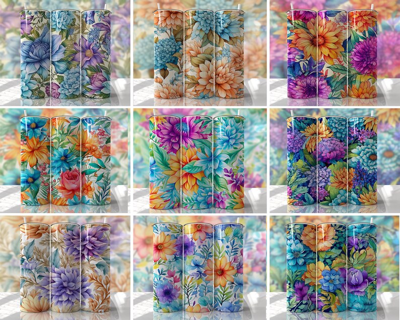 Watercolor Floral Tumbler Wrap Bundle PNG Seamless Tumbler Drive ...