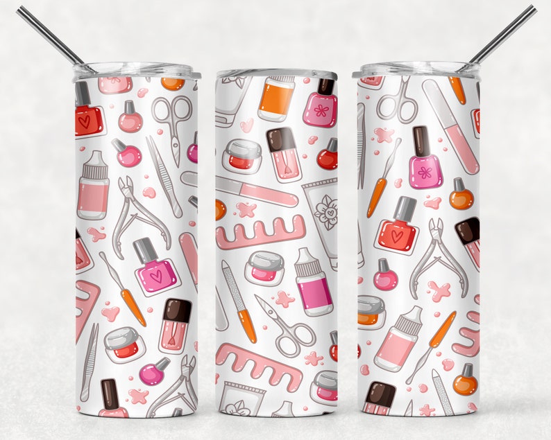 May include: A white stainless steel tumbler with a pink and white pattern of nail polish bottles, nail clippers, nail files, and other manicure tools.