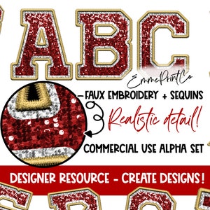 Kastanienbraun Weiß - Faux Stickerei Pailletten Alpha Set - Alphabet Sublimation PNG DTF Gold Weihnachten - EmmePrintCo