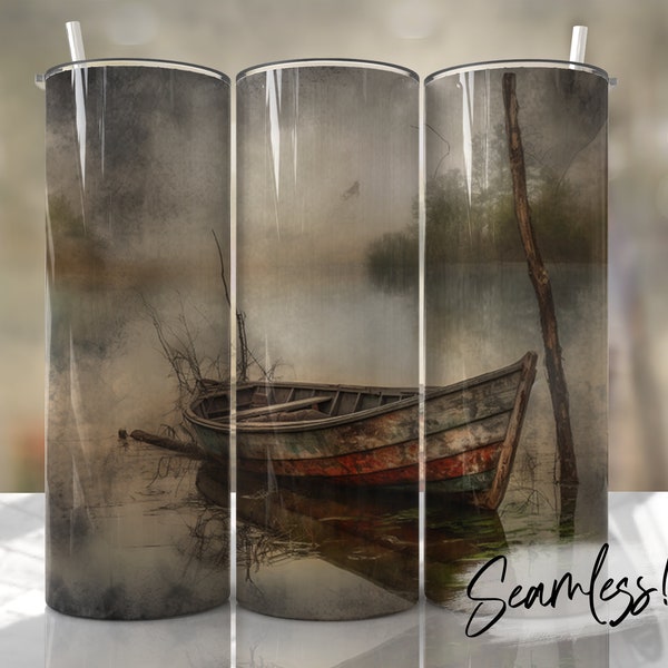 Boat on a Lake Tumbler Wrap Seamless Outdoors Fishing Tumbler Template for Men Sublimation Designs Downloads - Skinny 20oz Design