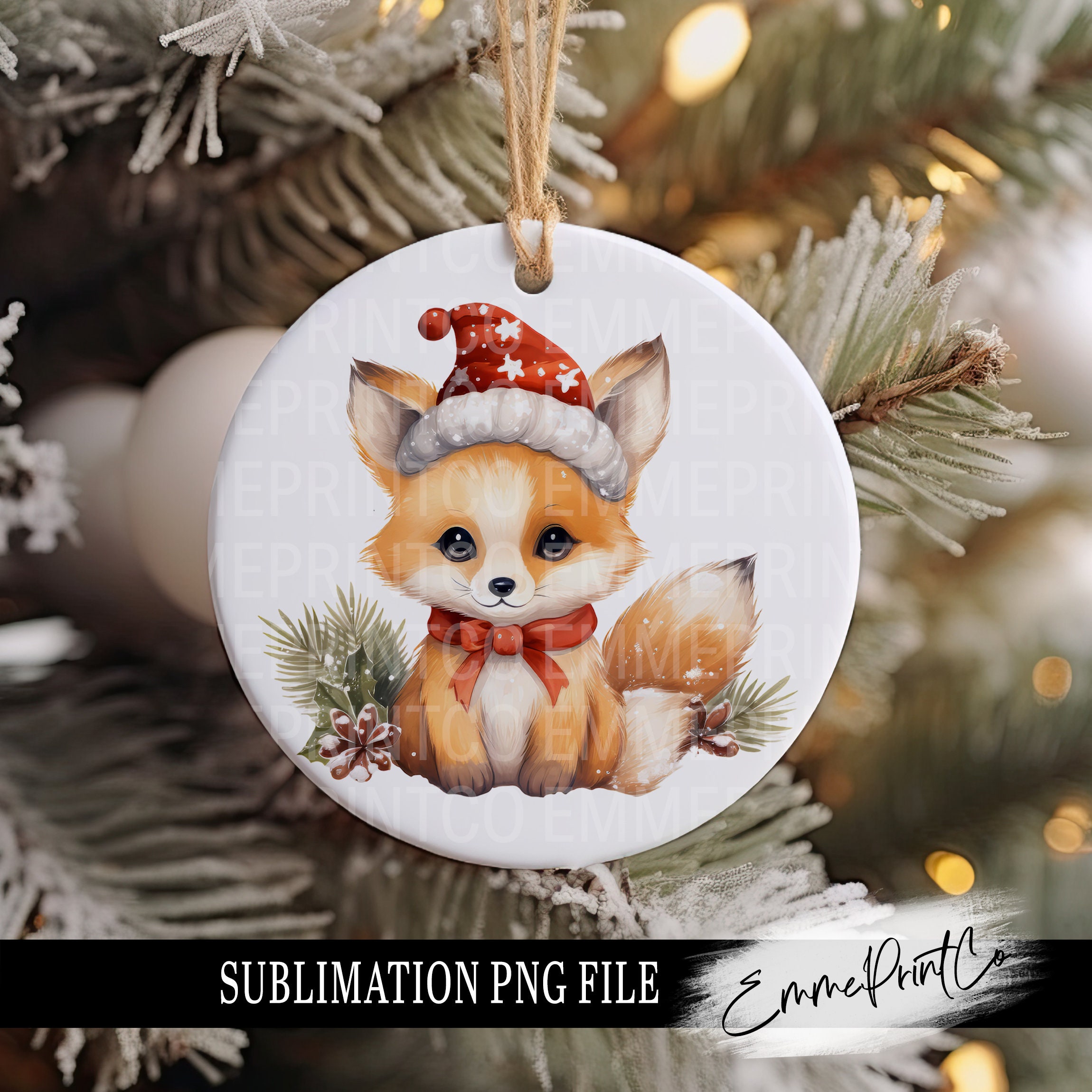 キツネ - クリスマスオーナメント昇華PNG水彩画 - 円形サイン丸型
