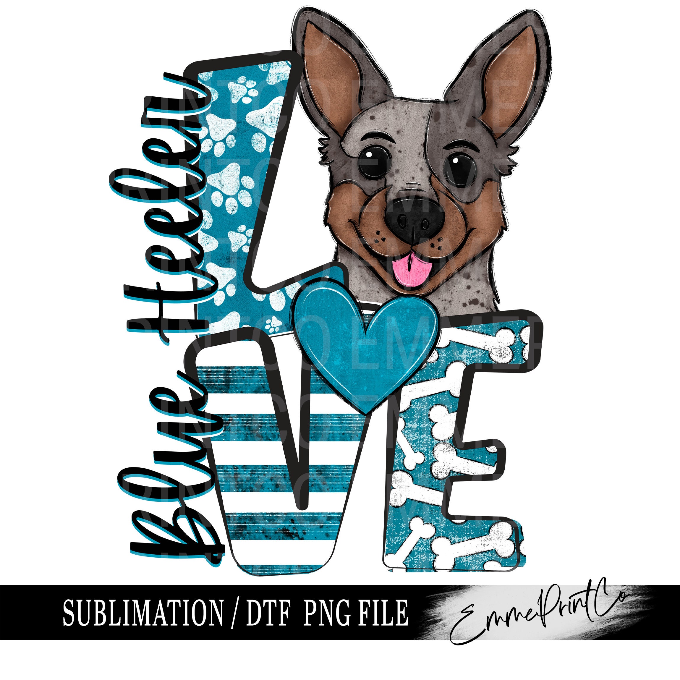 Blue Heeler Dog Love Sublimation Design Download PNG DTF