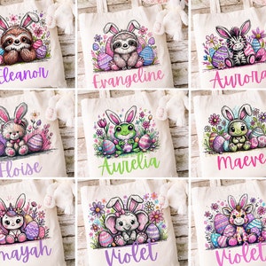 May include: Nine personalised Easter tote bags featuring different animal characters. Each bag depicts a bunny-eared animal holding Easter eggs, surrounded by flowers. The bags are personalised with names such as Eleanor, Evangeline, Aurora, Floise, Aurelia, Maeve, Amayah, Violet, and Violet.
