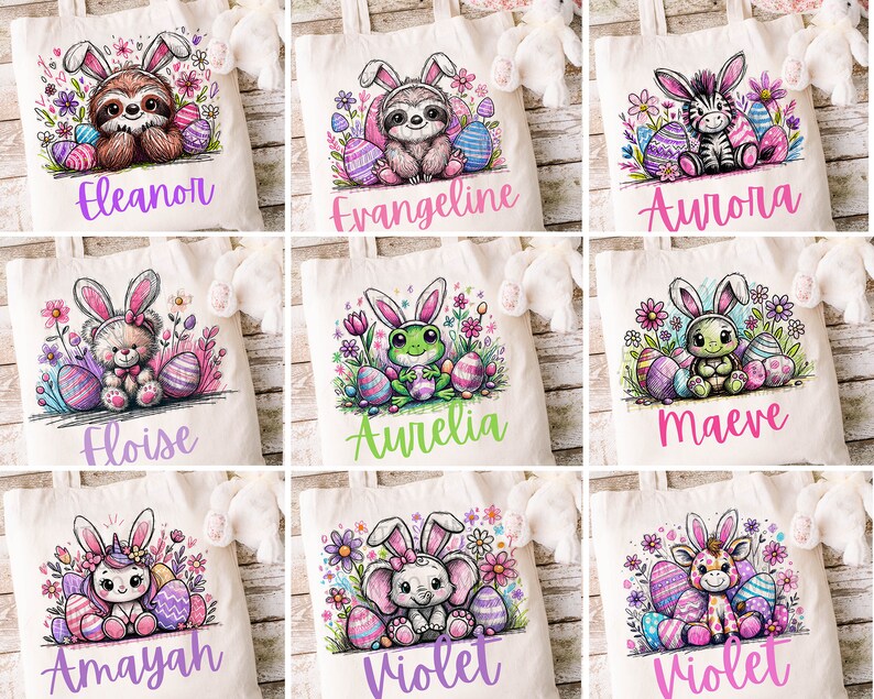 May include: Nine personalised Easter tote bags featuring different animal characters. Each bag depicts a bunny-eared animal holding Easter eggs, surrounded by flowers. The bags are personalised with names such as Eleanor, Evangeline, Aurora, Floise, Aurelia, Maeve, Amayah, Violet, and Violet.