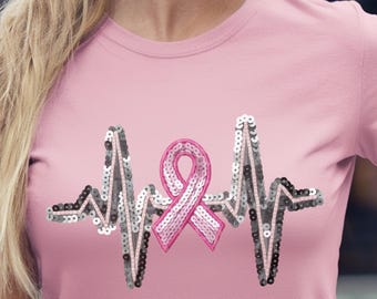 Pink Ribbon Faux Embroidery Cancer Awareness Sequins Glitter Sublimation Design Download PNG - DTF  Download - Shirts