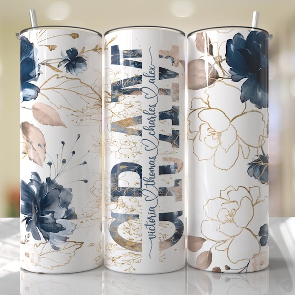 GRAM Mother's Day Tumbler Wrap PNG Add Kids Names Blue Floral Tumbler Seamless Sublimation Designs Downloads - Skinny 20oz Design - 2022