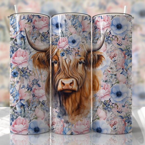 Highland Cow Tumbler Wrap Sublimation Designs - Highland Cow Floral Skinny Tumbler 20oz Design - PNG - EmmePrintco