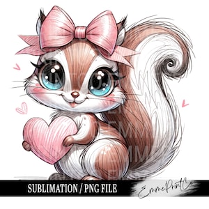 May include: A cute cartoon squirrel with big blue eyes and a pink bow holding a pink heart. The squirrel has a brown and white bushy tail.