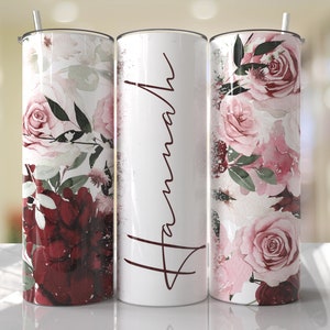 Ajouter votre propre nom Emballage de gobelet à fleurs rose bordeaux rouge PNG Conception de gobelet à sublimation sans couture téléchargements - Maigre 20 oz - PNG