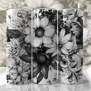Schwarzweiss-Blumennahtloser Tumbler-Verpackungs-Nahtlose Sublimations-Designs Downloads - Skinny 20oz Design