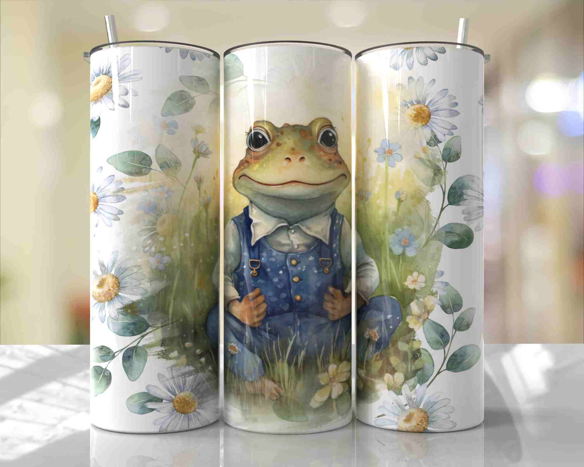 Frog Tumbler Wrap Wearing Denim Overalls Watercolor Designs Seamless ...