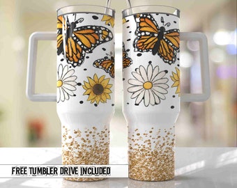 Butterfly and Daisies 40oz Quencher Tumbler Wrap -  Seamless PNG Tumbler Design Sublimation Designs Downloads - PNG