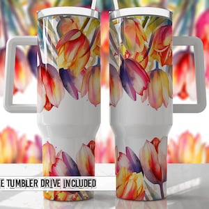 Bright Tulips Floral 40oz Quencher Tumbler Wrap -  Seamless PNG Tumbler Design Sublimation Designs Downloads - PNG