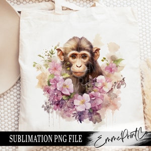 Könnte beinhalten: Eine Aquarell-Illustration eines Baby-Affen, umgeben von rosa Blumen. Der Affe hat braunes Fell und schaut direkt auf den Betrachter. Die Blumen sind in Rosatönen und Lila. Der Hintergrund ist hellbraun. Der Text "SUBLIMATION PNG FILE" befindet sich am unteren Rand des Bildes.