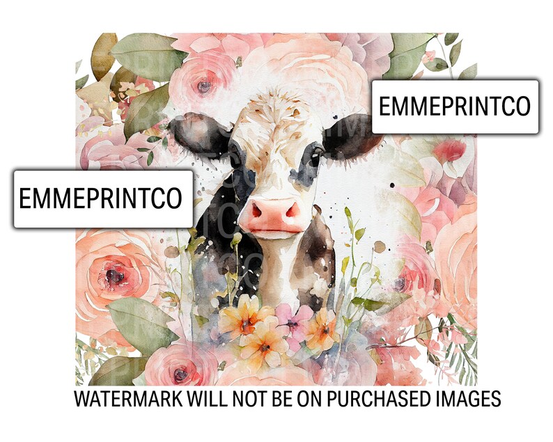 K&ouml;nnte beinhalten: Aquarellmalerei einer schwarz-wei&szlig;en Kuh mit rosa Nase, umgeben von rosa und pfirsichfarbenen Blumen. Der Text "EMMEPRINTCO" erscheint zweimal im Bild.