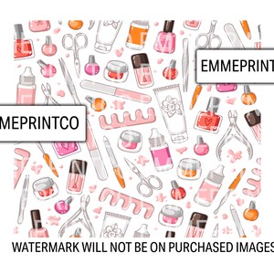 May include: A seamless pattern featuring various nail care tools and nail polish bottles in pink, red, and orange colors. The pattern includes nail clippers, cuticle pushers, nail files, and nail polish bottles. The background is white.