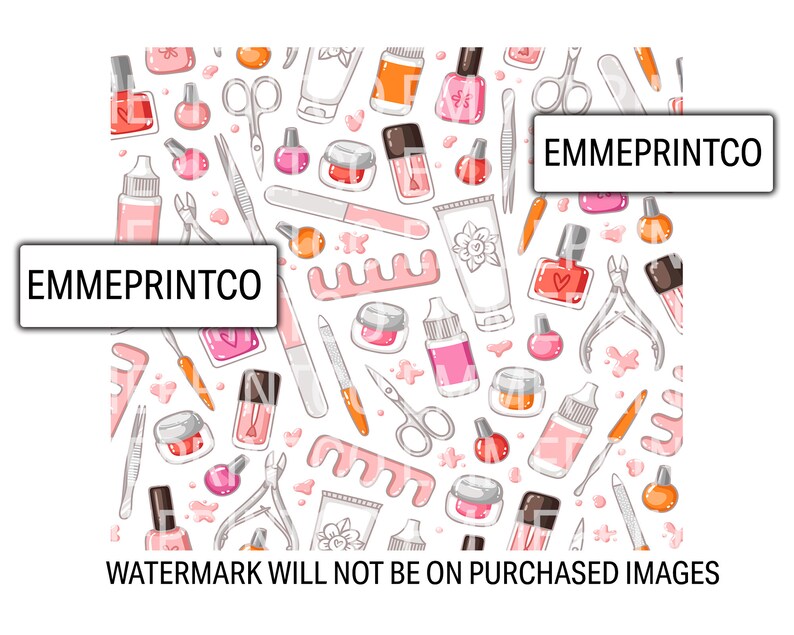 May include: A seamless pattern featuring various nail care tools and nail polish bottles in pink, red, and orange colors. The pattern includes nail clippers, cuticle pushers, nail files, and nail polish bottles. The background is white.