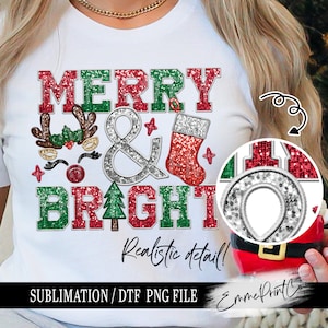Faux Embroidery Merry and Bright - Christmas - Sequins Glitter Sublimation Design Download PNG - DTF  Download - Shirts  EmmePrintCo