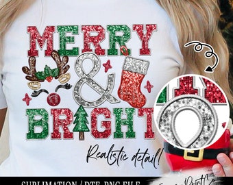 Faux Embroidery Merry and Bright - Christmas - Sequins Glitter Sublimation Design Download PNG - DTF  Download - Shirts  EmmePrintCo