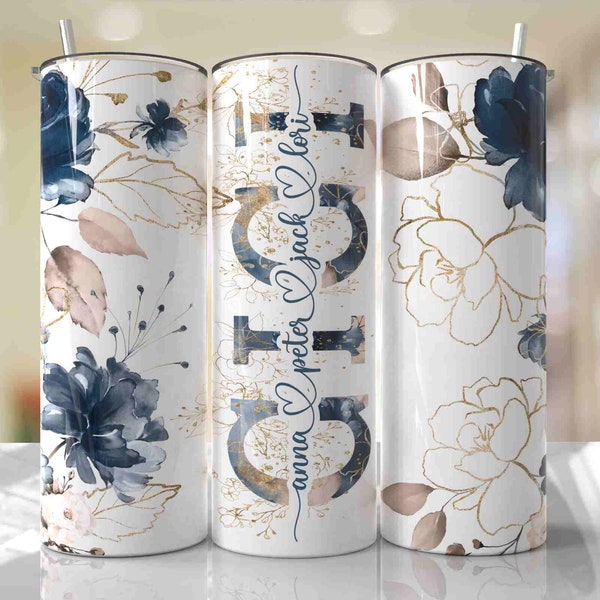 GIGI Mother's Day Tumbler Wrap PNG Add Kids Names Blue Floral Tumbler Seamless Sublimation Designs Downloads - Skinny 20oz Design - 2022