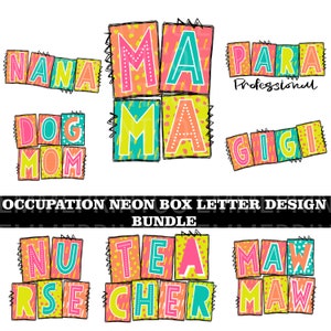 Noms lumineux néon, profession griffonnage à pois dalmatien Bundle maman, grand-mère, infirmière, fierté de l'enseignant sublimation PNG