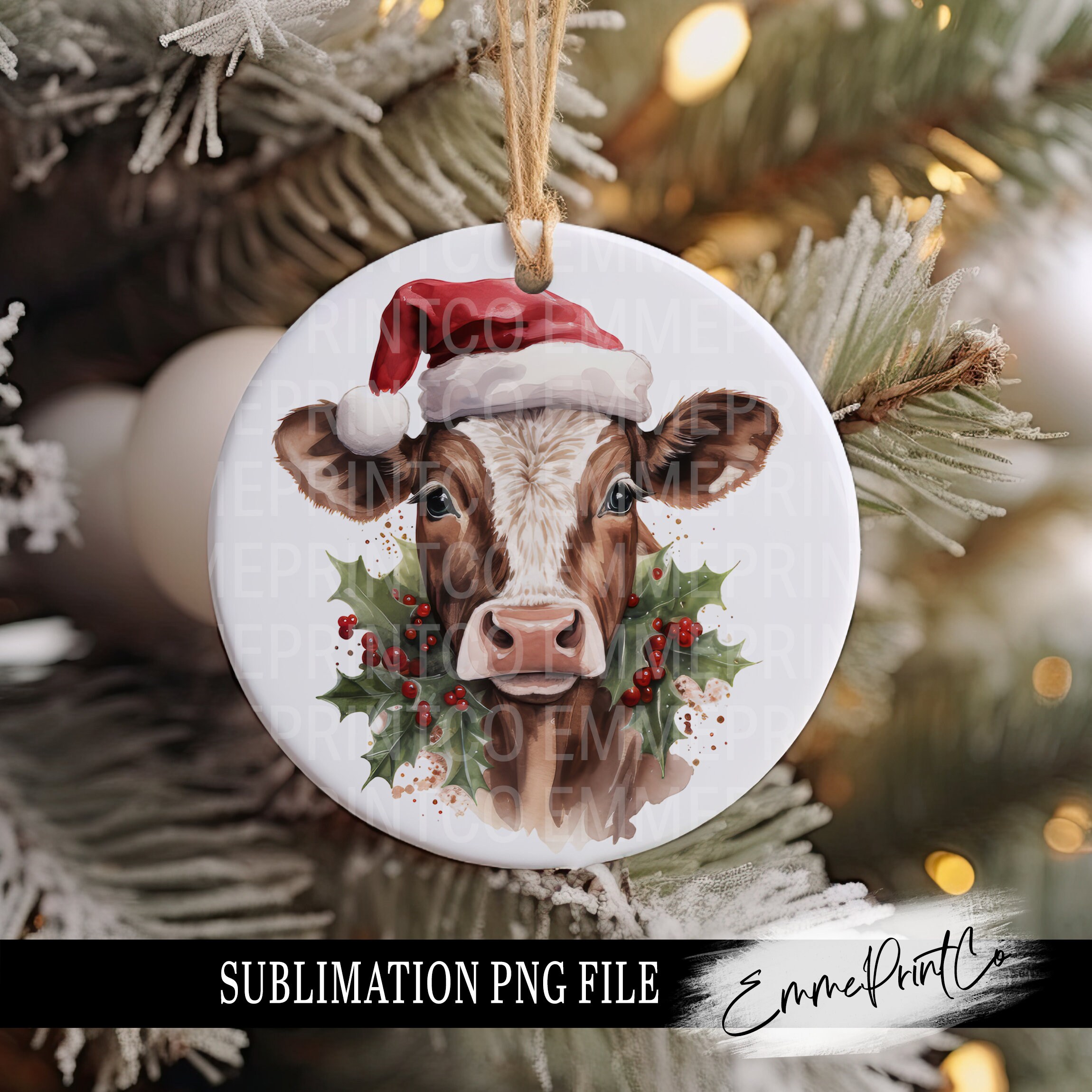 Cow - Christmas Ornament Sublimation PNG Cute Animals - Circle Sign Round Square EmmePrintCo
