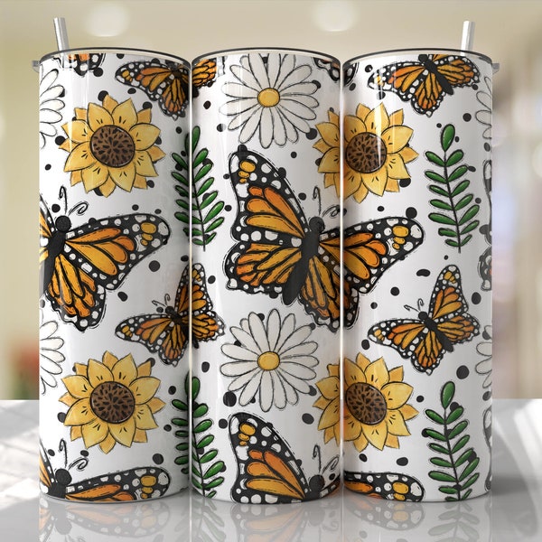 Butterfly Tumbler Wrap PNG Sublimation Designs Sunflowers Downloads Seamless  - Skinny 20oz - PNG 2022